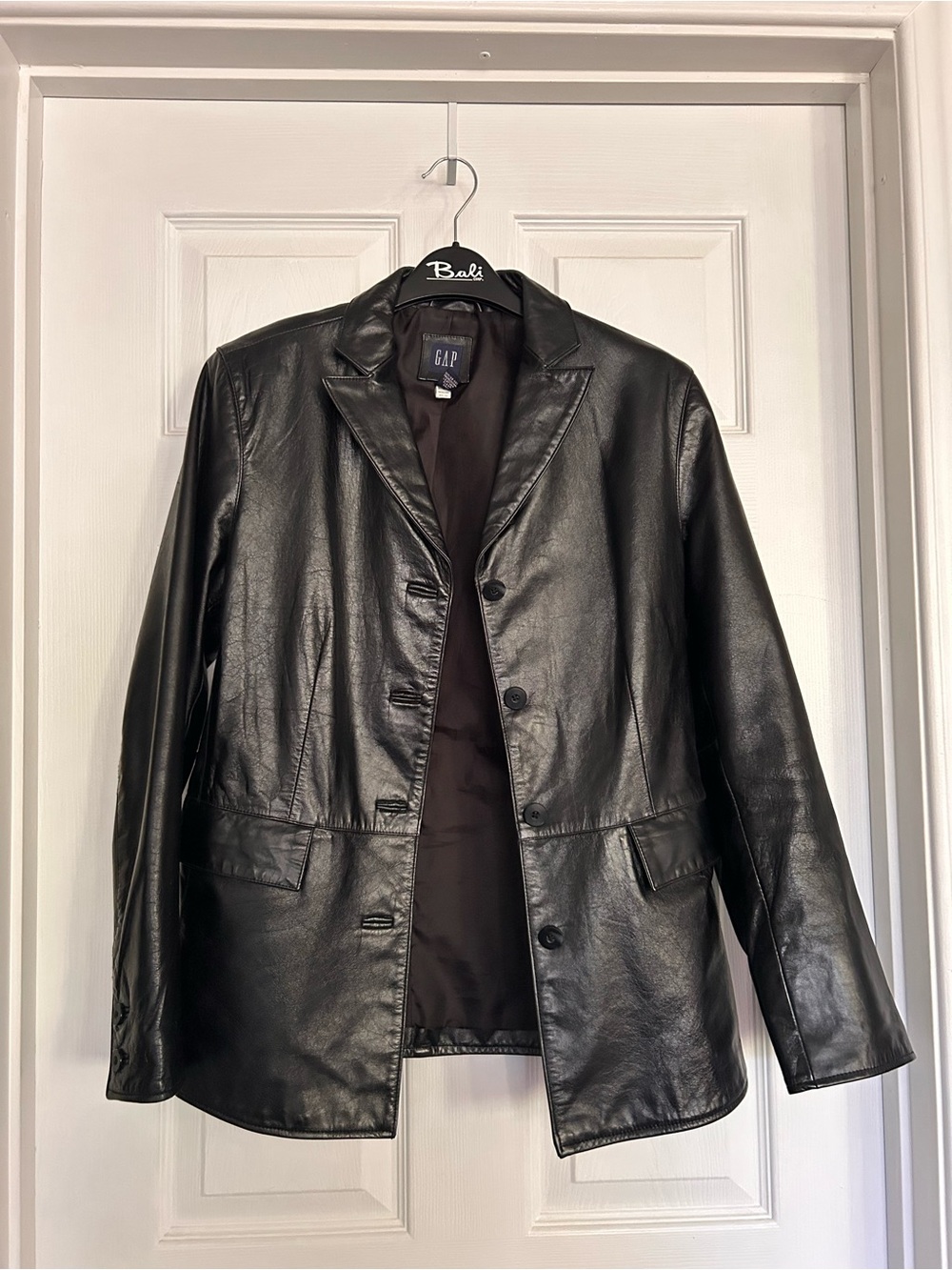 GAP Black Leather Jacket with Navy Logo Patch